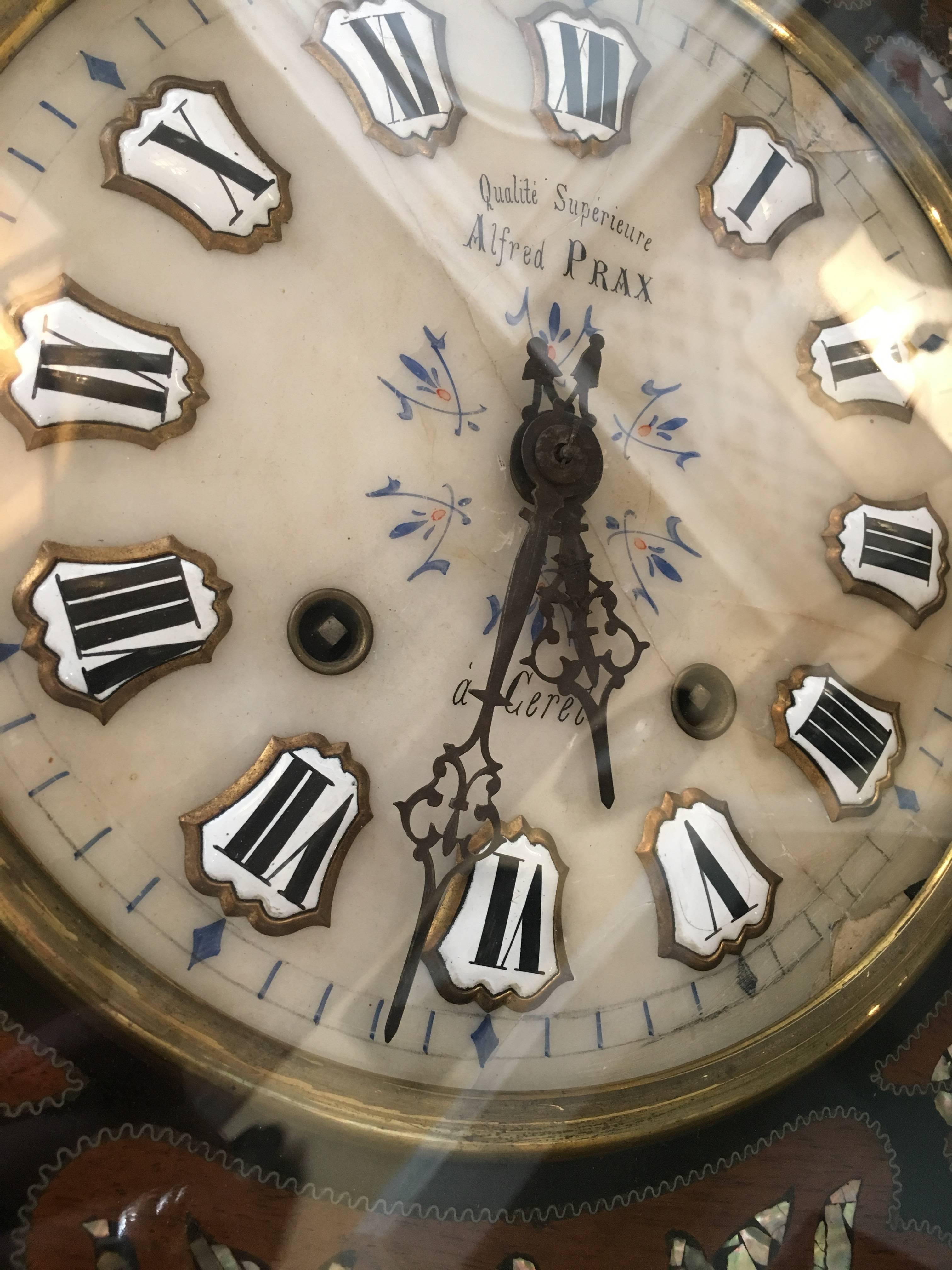 Brass French 19th Century Ebonized Wall Clock with Mother-of-Pearl Inlay For Sale