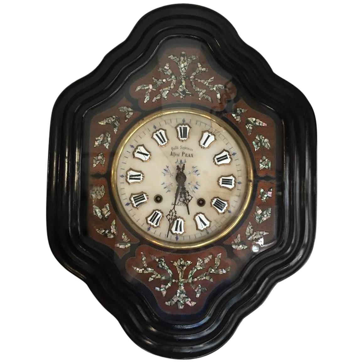French 19th Century Ebonized Wall Clock with Mother-of-Pearl Inlay For Sale