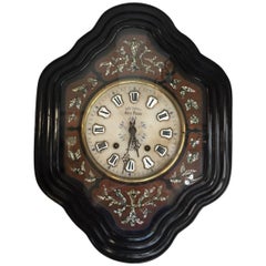 French 19th Century Ebonized Wall Clock with Mother-of-Pearl Inlay
