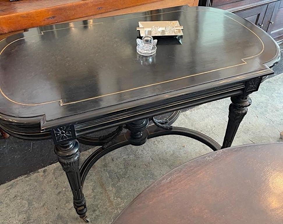 French 19th Century Ebonized Walnut Napoleon III Entry Table With Brass Inlay For Sale 4
