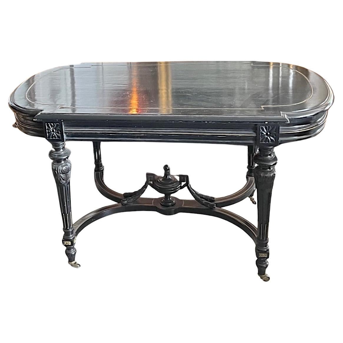 French 19th Century Ebonized Walnut Napoleon III Entry Table With Brass Inlay In Distressed Condition For Sale In Santa Monica, CA