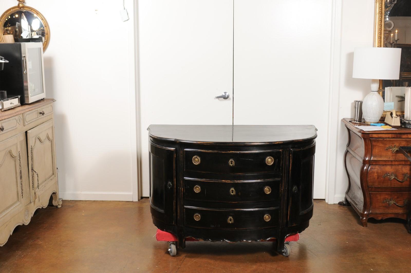 French 19th Century Ebonized Wood Demilune Credenza with Drawers and Doors In Good Condition In Atlanta, GA