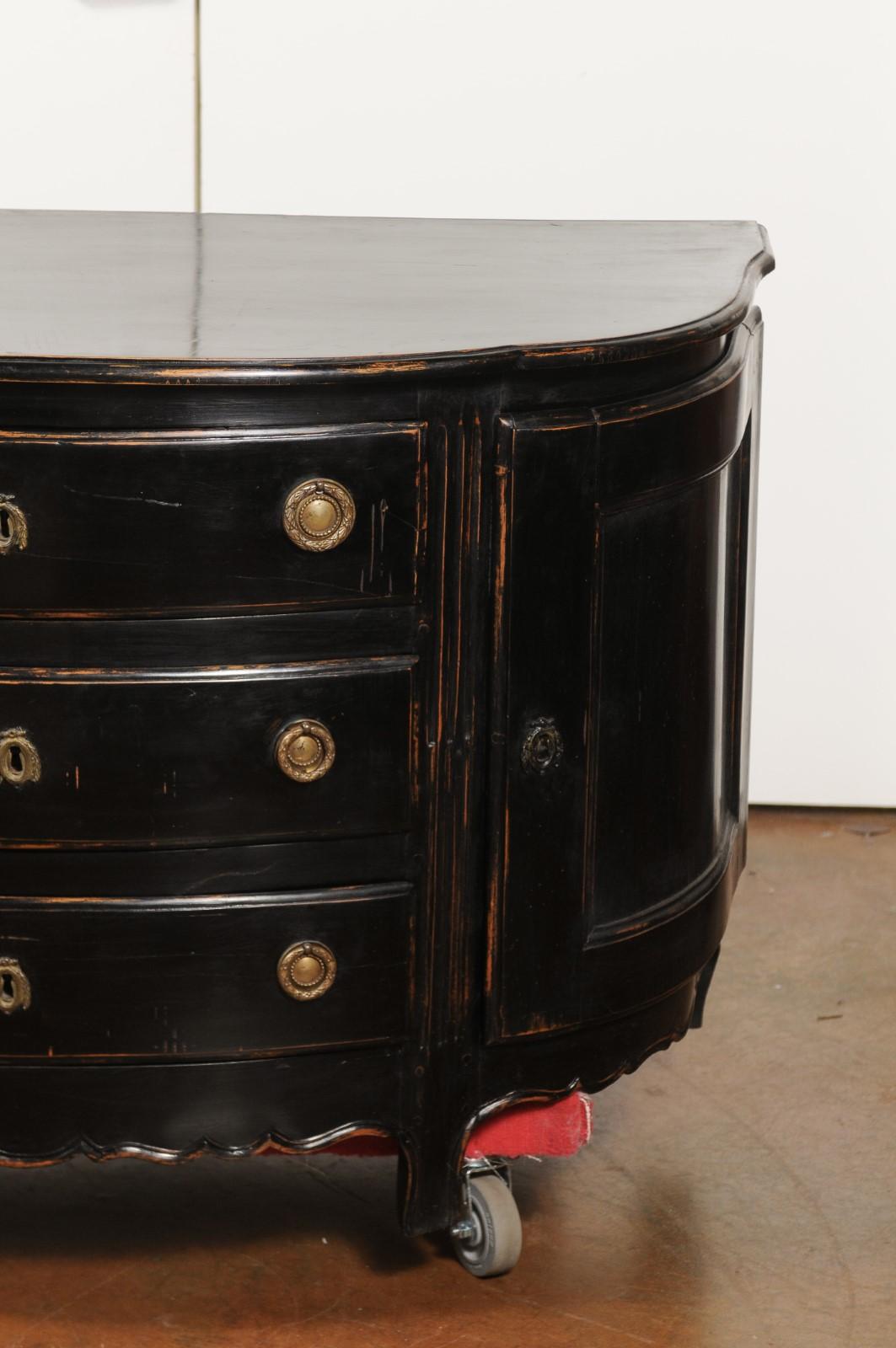 French 19th Century Ebonized Wood Demilune Credenza with Drawers and Doors 2
