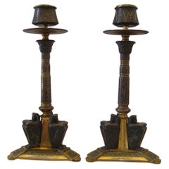 French 19th century Egyptian revival candlesticks in patinated bronze and ormolu