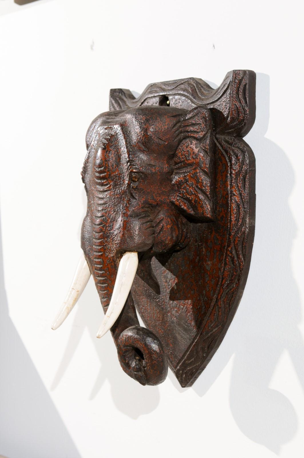 French 19th Century Elephant Head Wall Plaque with Carved Wooden Tusks 6