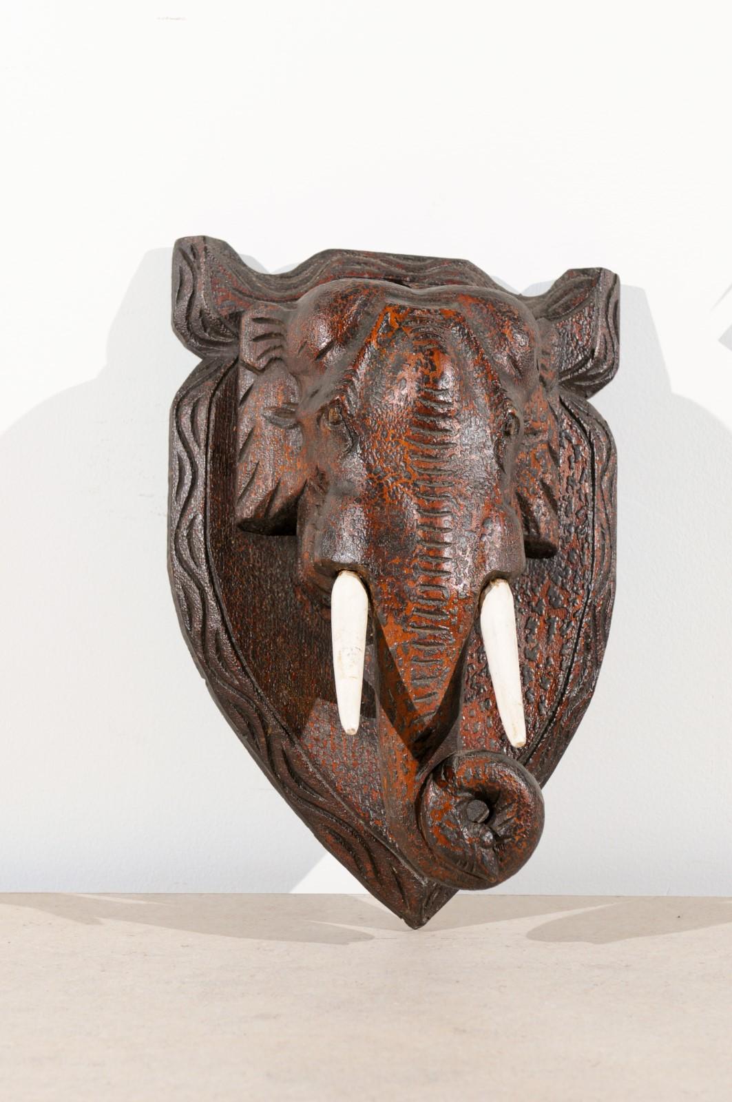 French 19th Century Elephant Head Wall Plaque with Carved Wooden Tusks 3