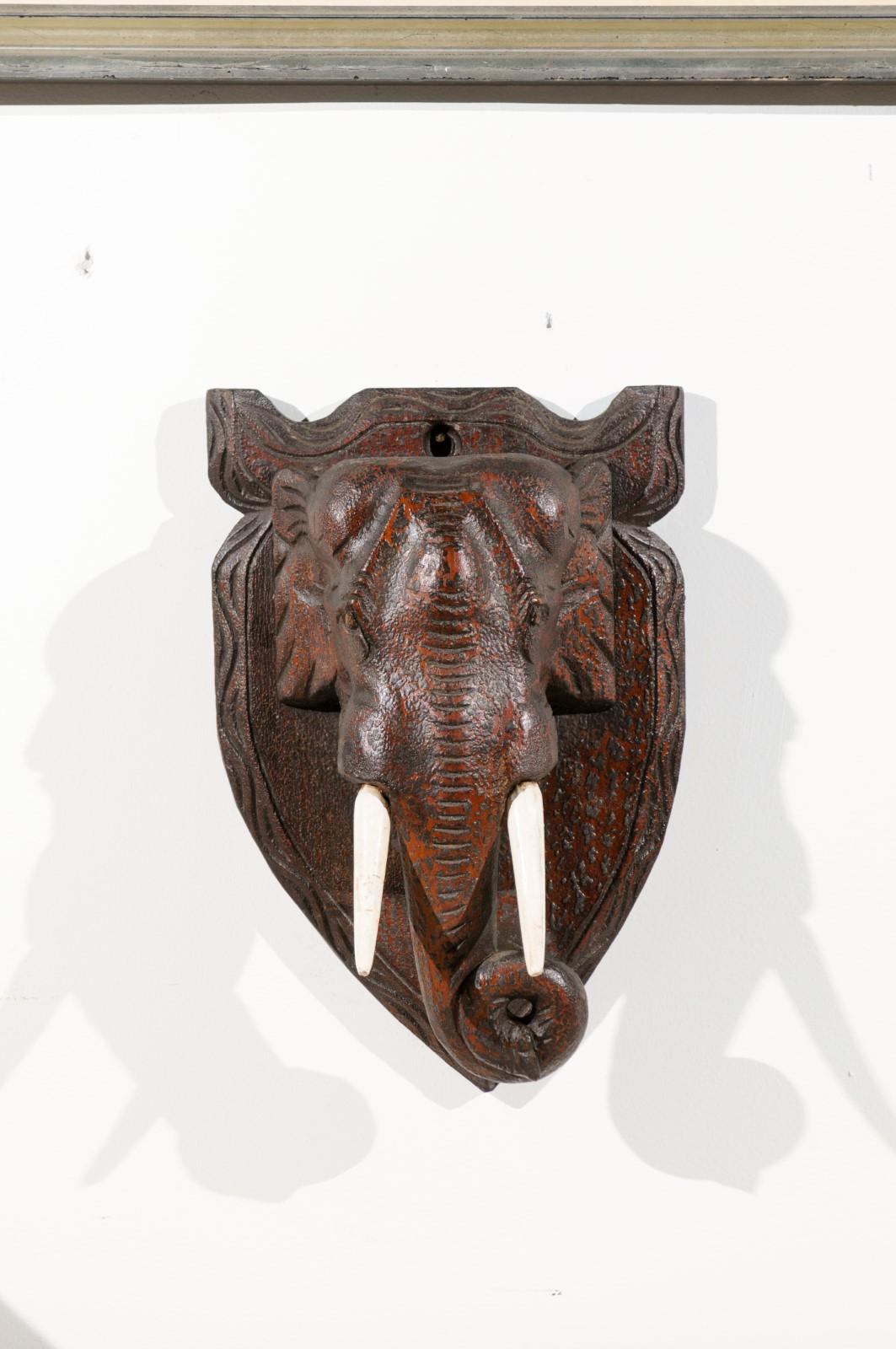 French 19th Century Elephant Head Wall Plaque with Carved Wooden Tusks 4