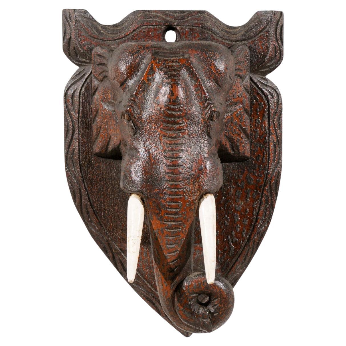 French 19th Century Elephant Head Wall Plaque with Carved Wooden Tusks