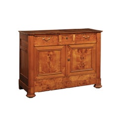 French 19th Century Elm Wood Console Cabinet w/Burl Wood Accents