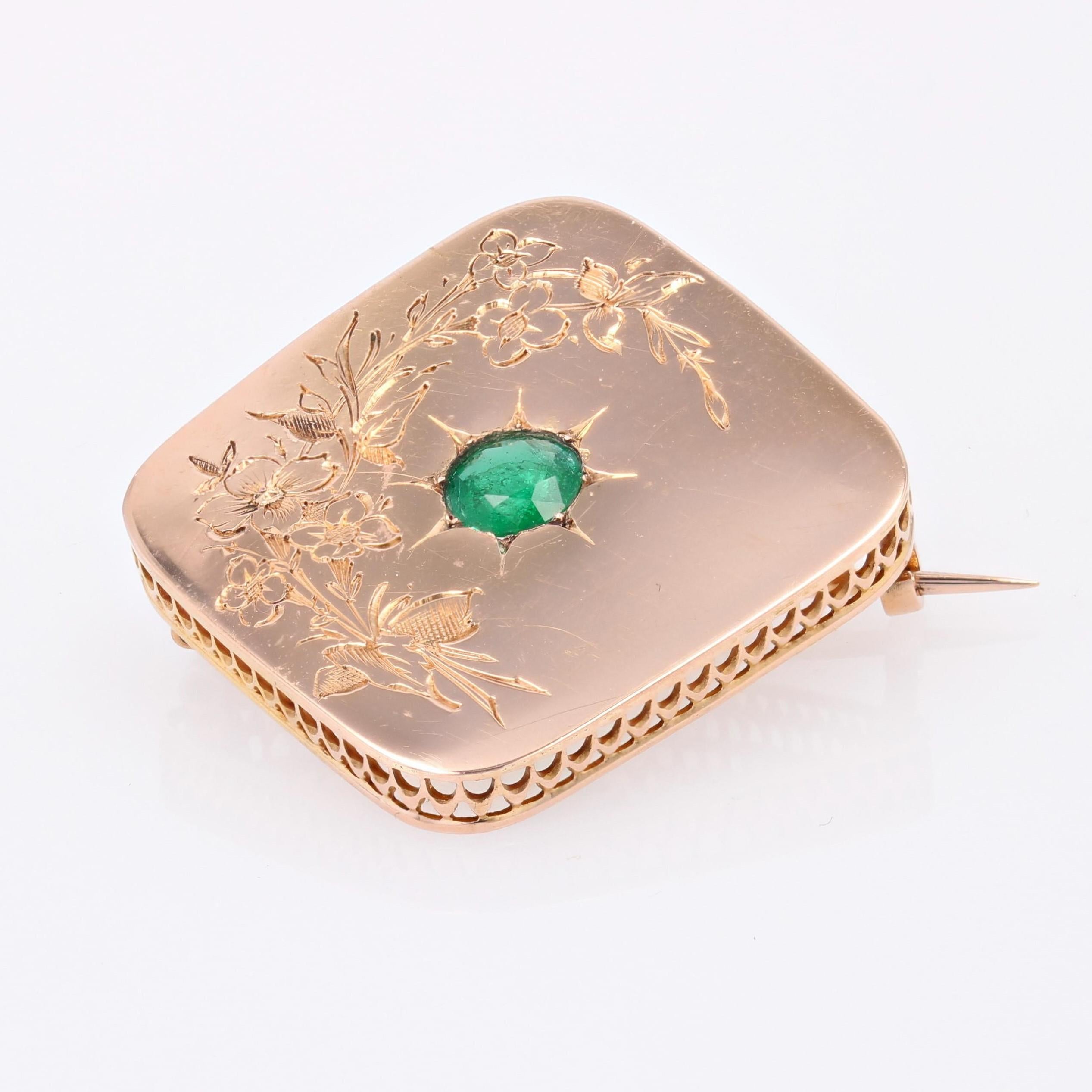 French 19th Century Emerald 18 Karat Rose Gold Brooch In Excellent Condition For Sale In Poitiers, FR