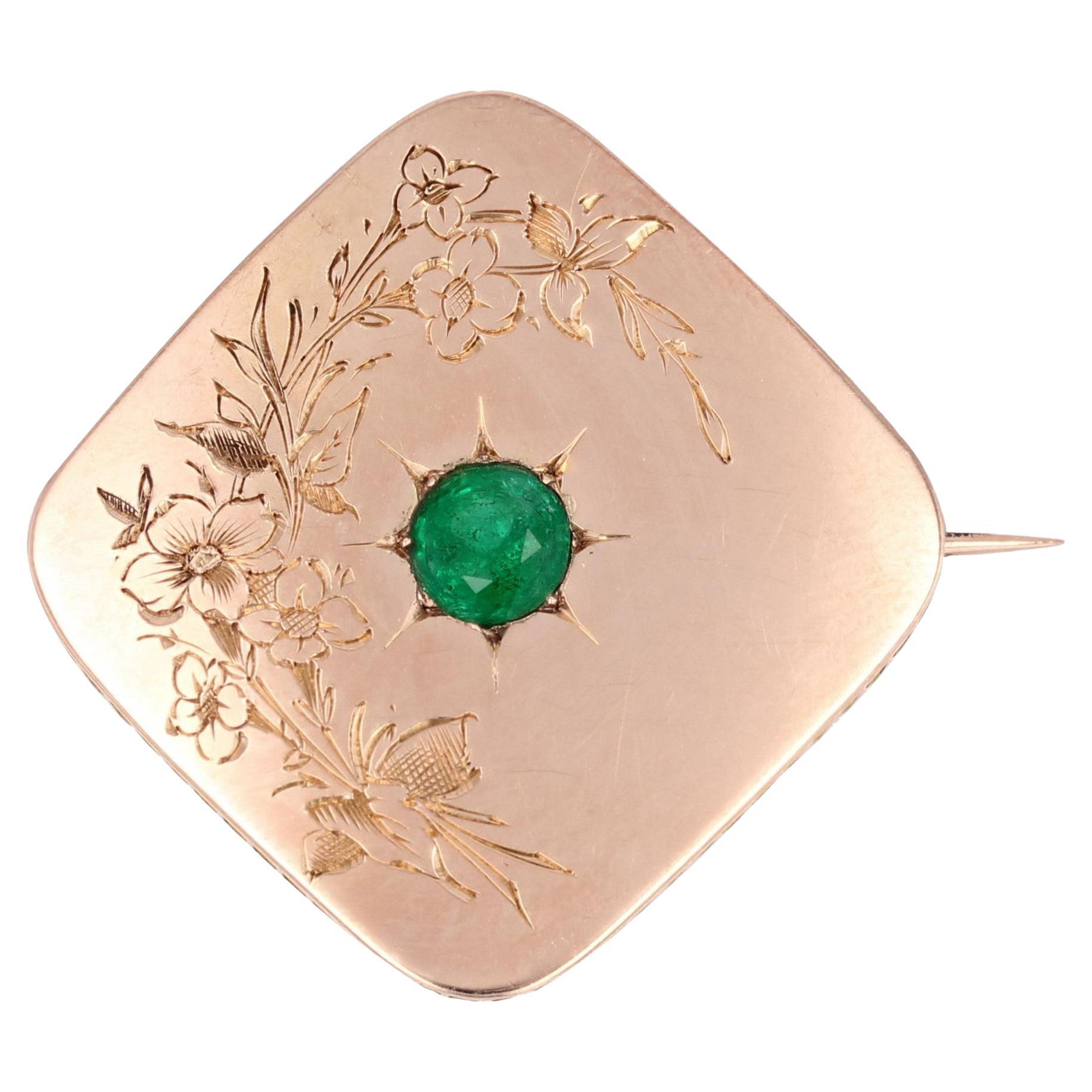 French 19th Century Emerald 18 Karat Rose Gold Brooch For Sale