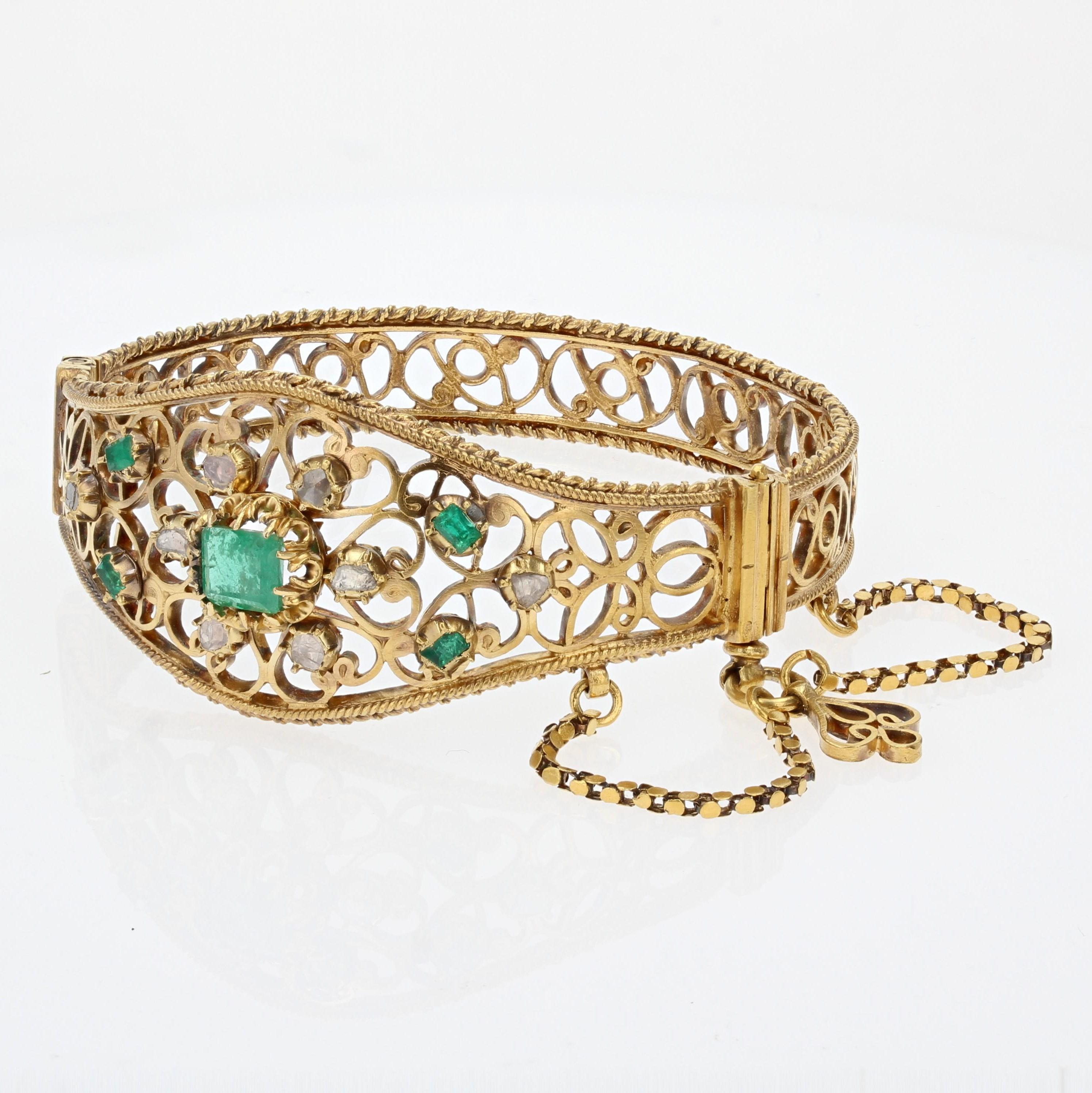 Napoleon III French, 19th Century, Emerald Diamond 18 K Yellow Gold Openwork Bangle Bracelet