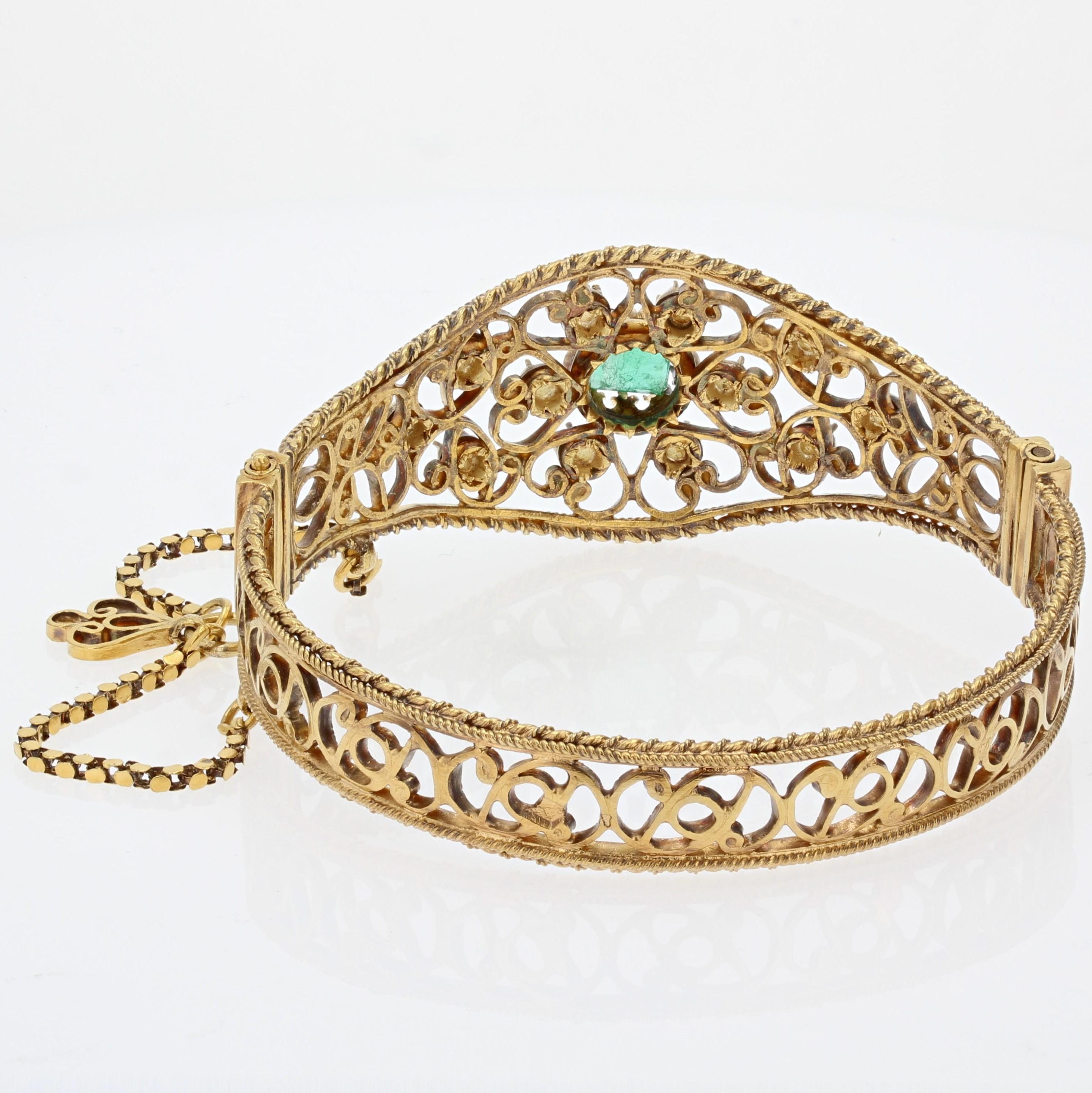 Rose Cut French, 19th Century, Emerald Diamond 18 K Yellow Gold Openwork Bangle Bracelet