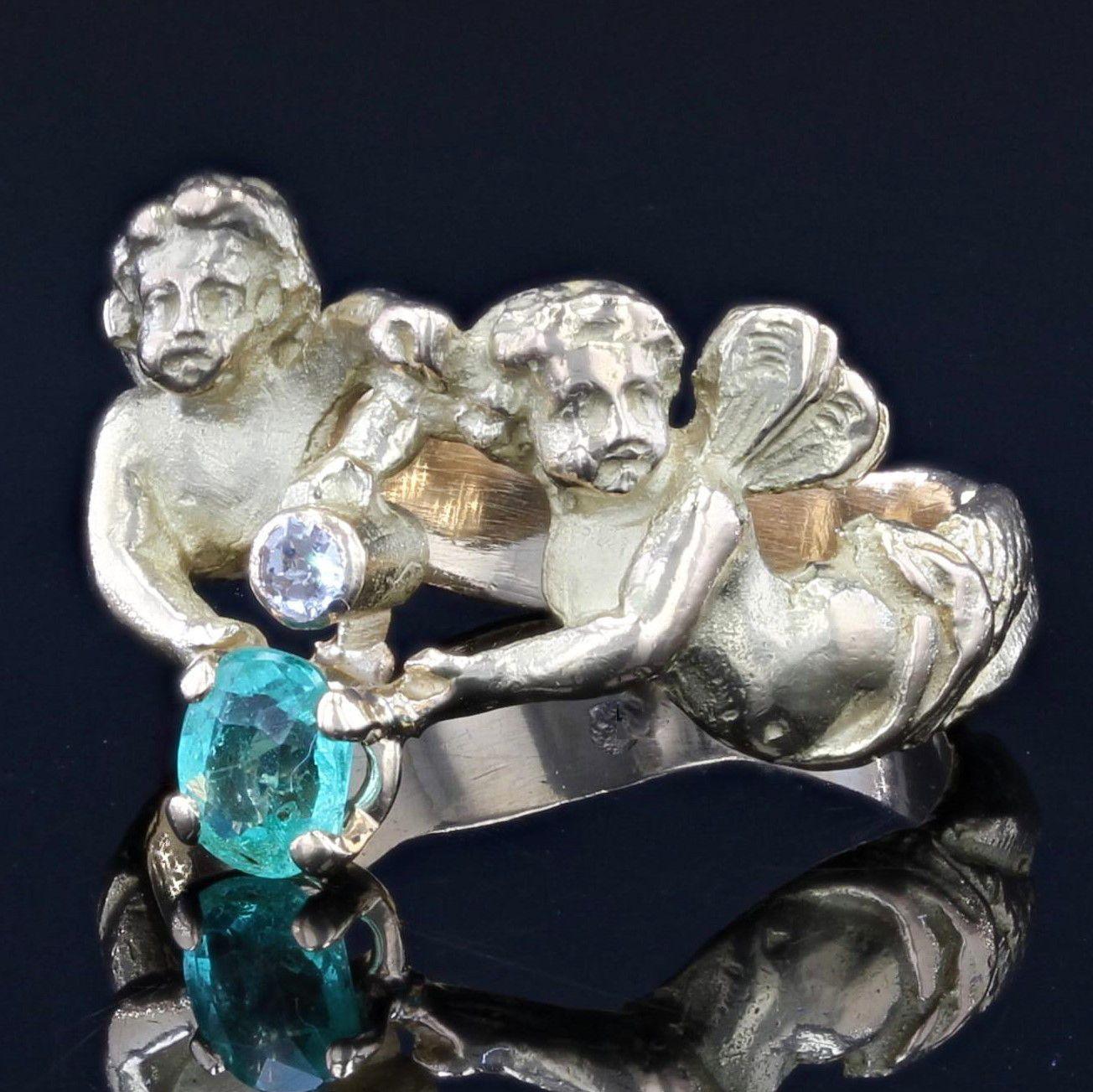 Cushion Cut French 19th Century Emerald Diamond 18 Karat Yellow Gold Cherubs Ring
