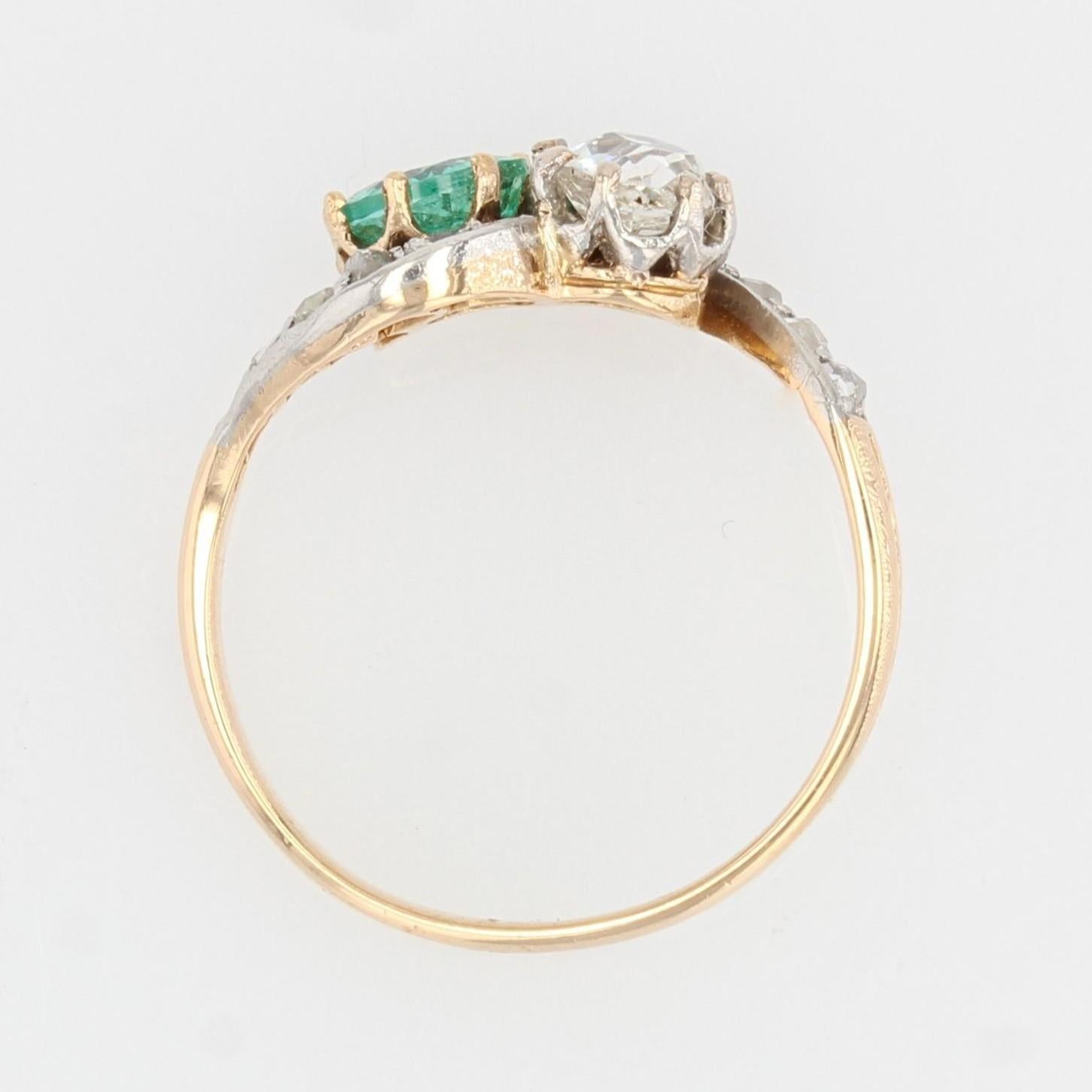 French, 19th Century, Emerald Diamond 18 Karat Yellow Gold You and Me Ring 4