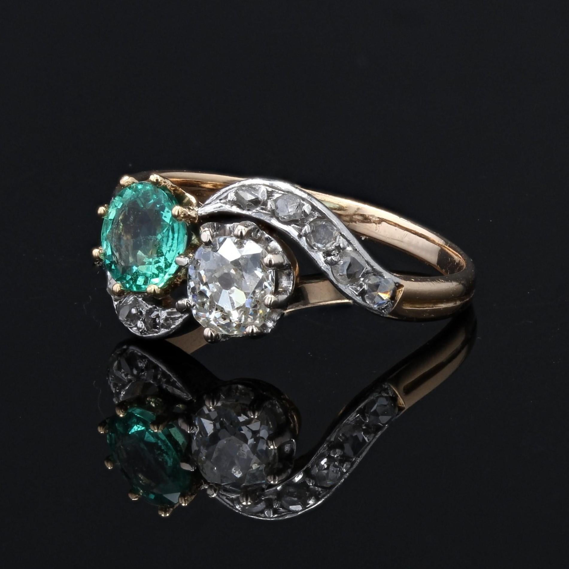 Antique Cushion Cut French, 19th Century, Emerald Diamond 18 Karat Yellow Gold You and Me Ring