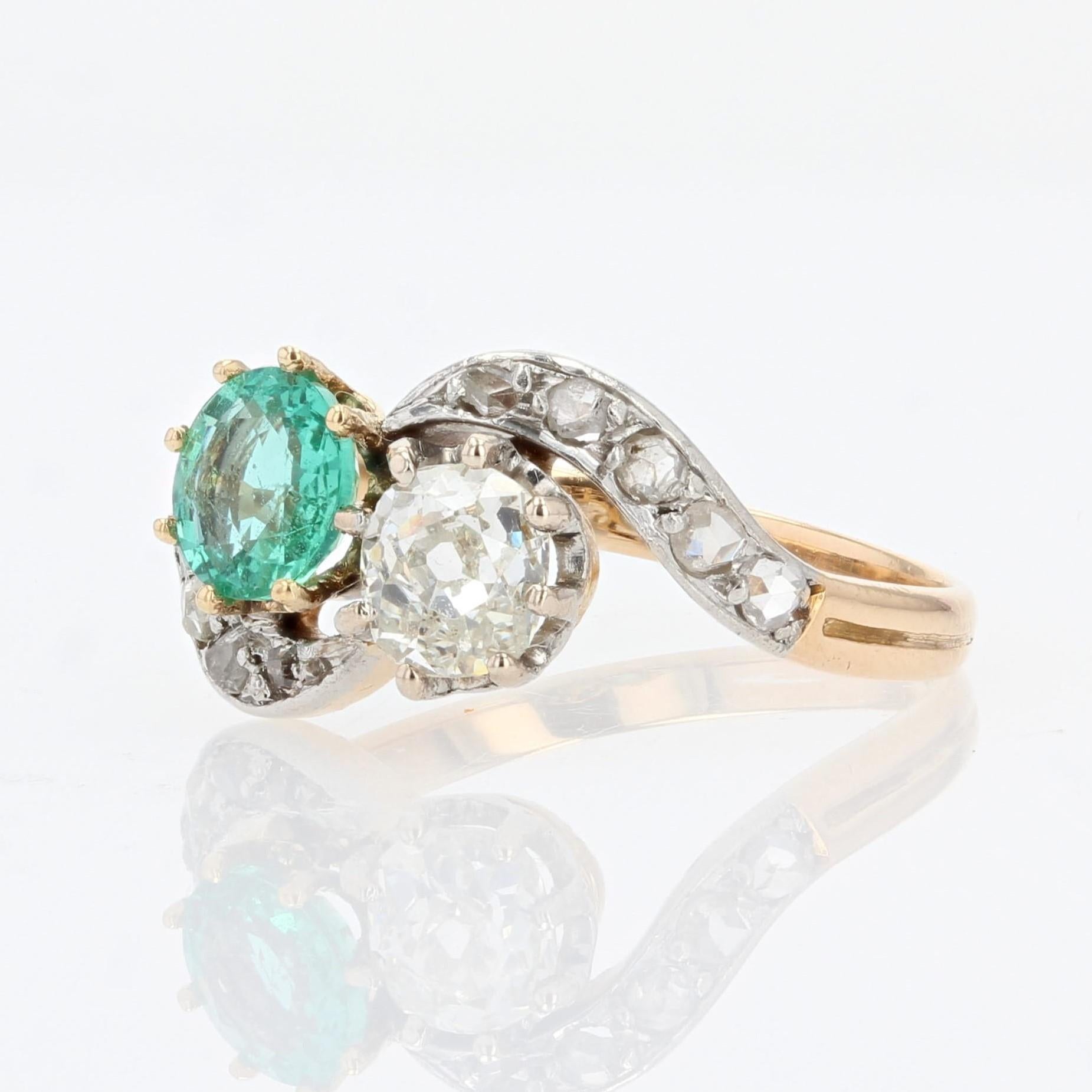 Women's French, 19th Century, Emerald Diamond 18 Karat Yellow Gold You and Me Ring