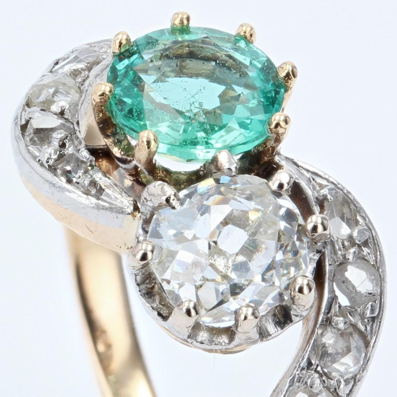 French, 19th Century, Emerald Diamond 18 Karat Yellow Gold You and Me Ring 1