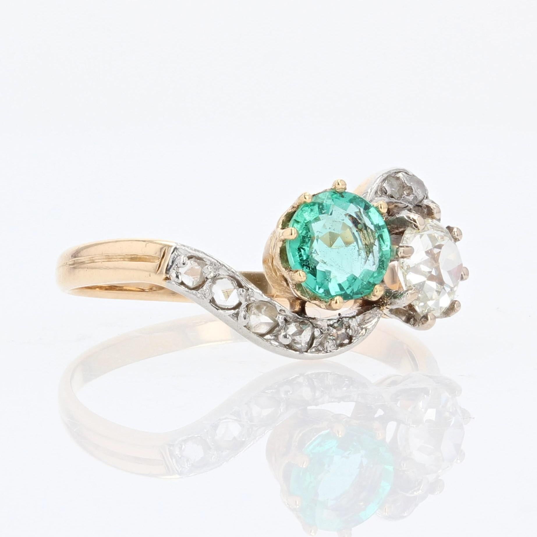 French, 19th Century, Emerald Diamond 18 Karat Yellow Gold You and Me Ring 2
