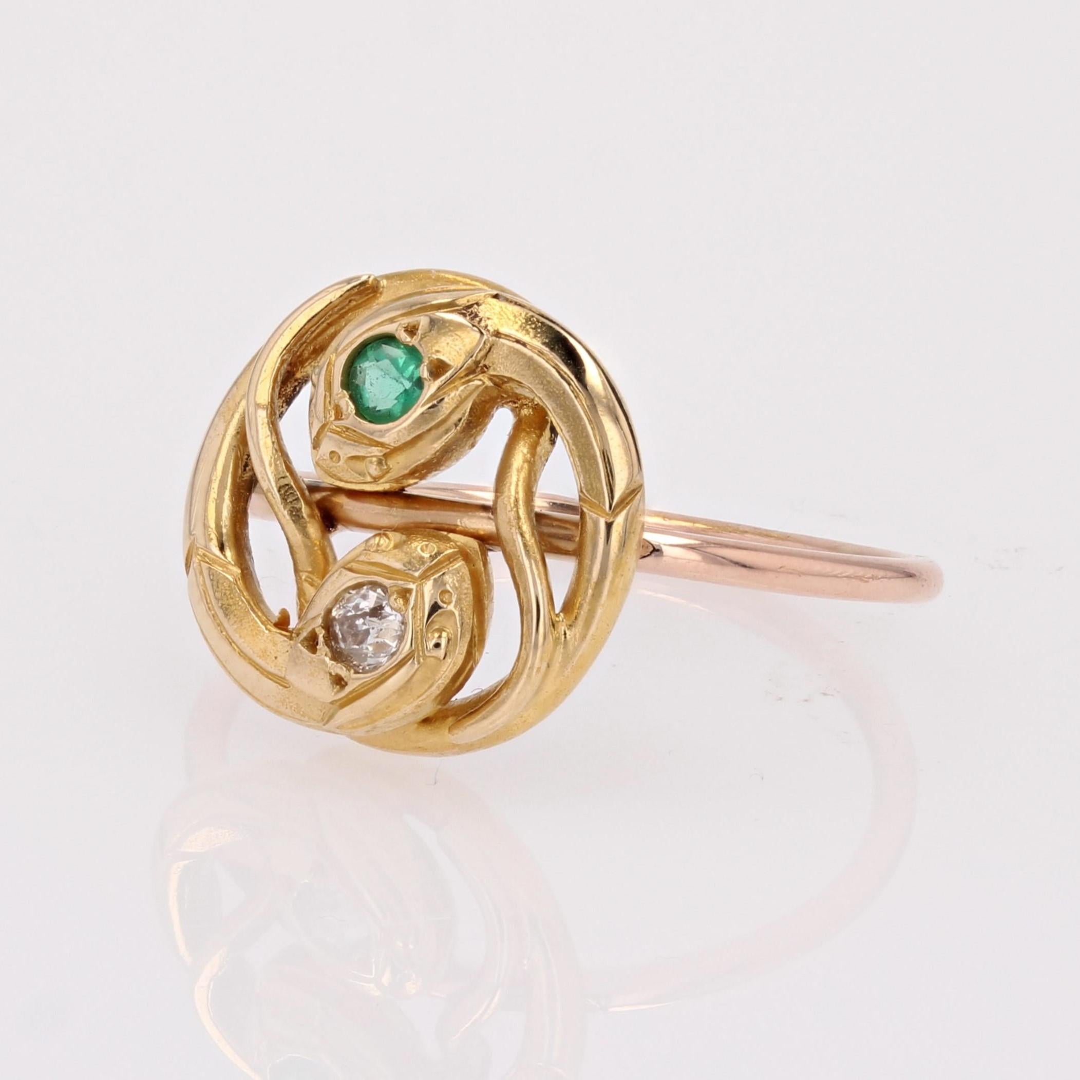 French 19th Century Emerald Diamond 18 Karat Yellow Rose Gold Snake Ring For Sale 4