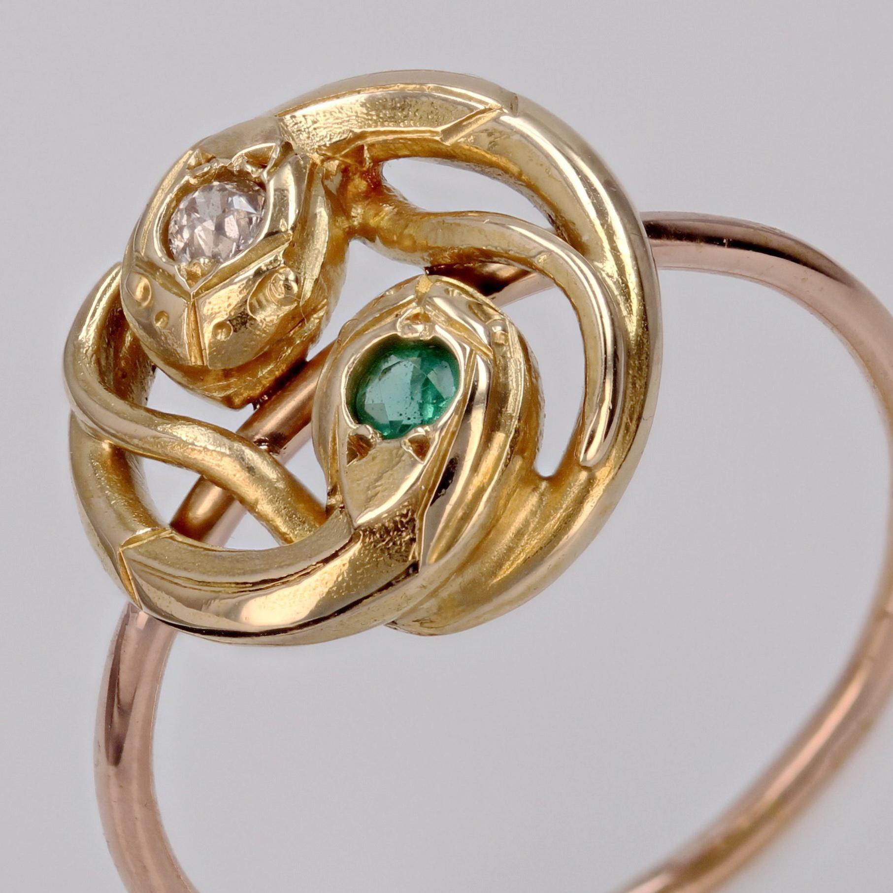 French 19th Century Emerald Diamond 18 Karat Yellow Rose Gold Snake Ring For Sale 6