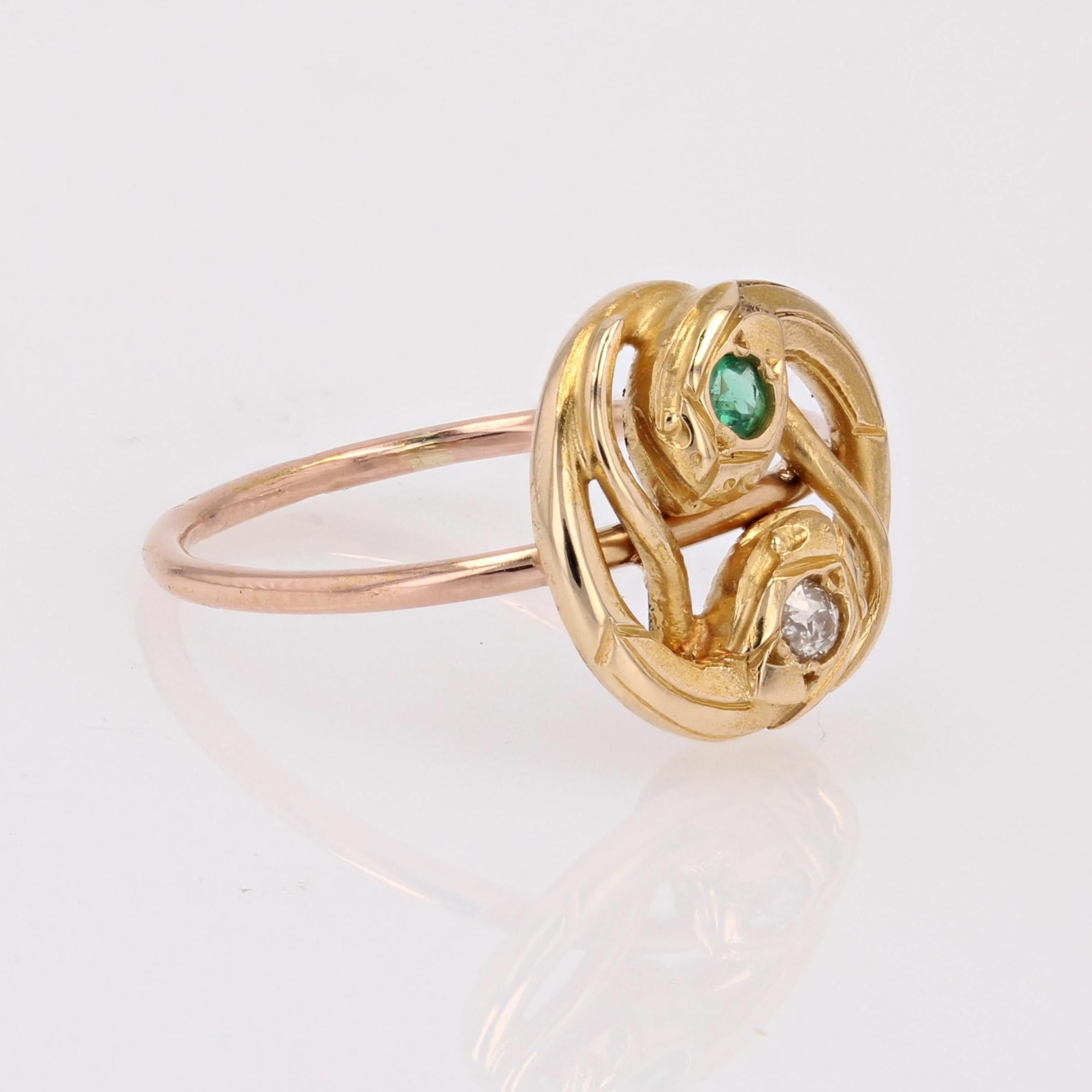 French 19th Century Emerald Diamond 18 Karat Yellow Rose Gold Snake Ring For Sale 8