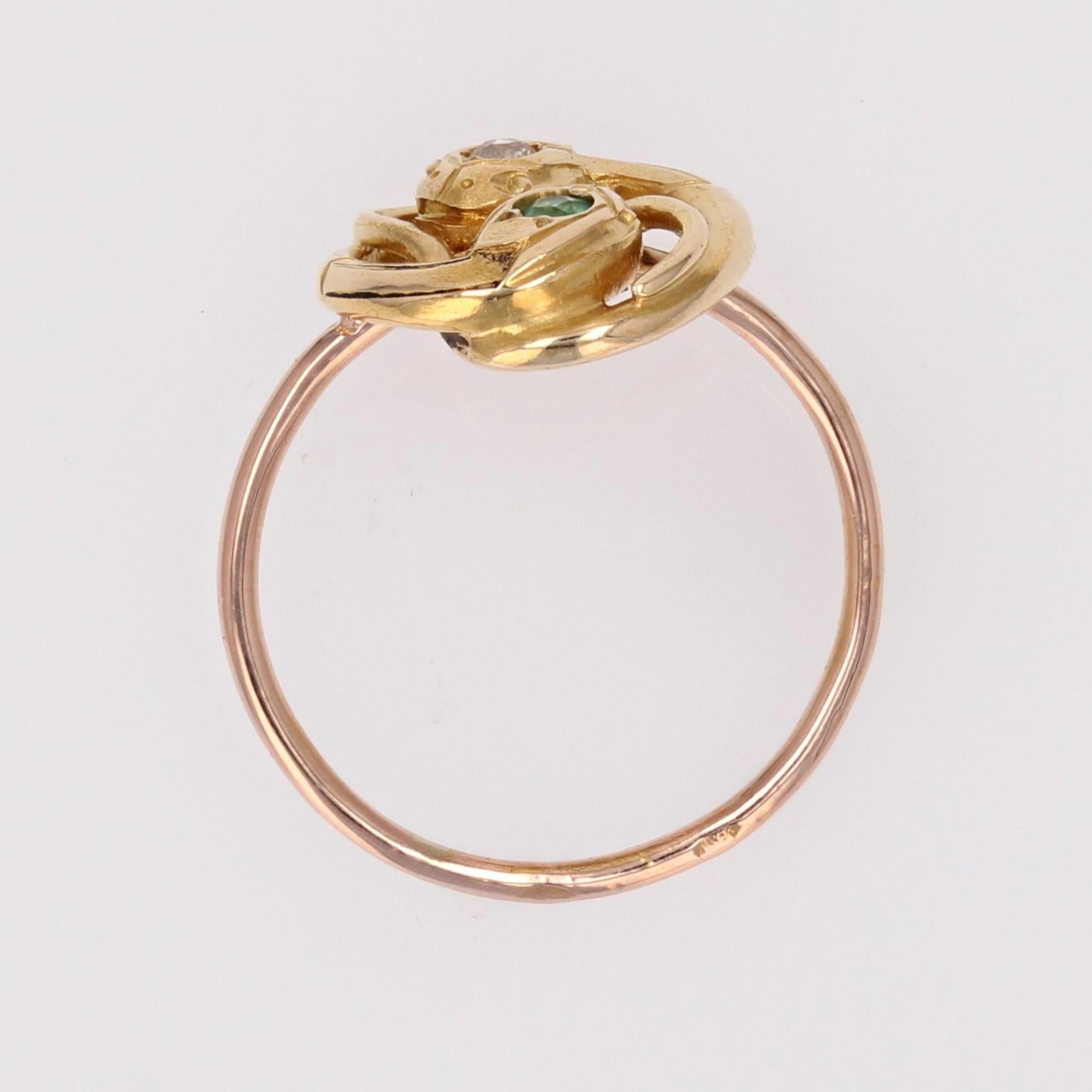 French 19th Century Emerald Diamond 18 Karat Yellow Rose Gold Snake Ring For Sale 10