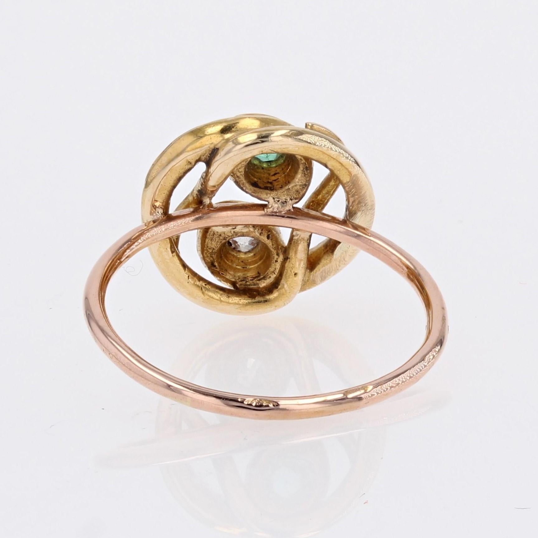 French 19th Century Emerald Diamond 18 Karat Yellow Rose Gold Snake Ring For Sale 11