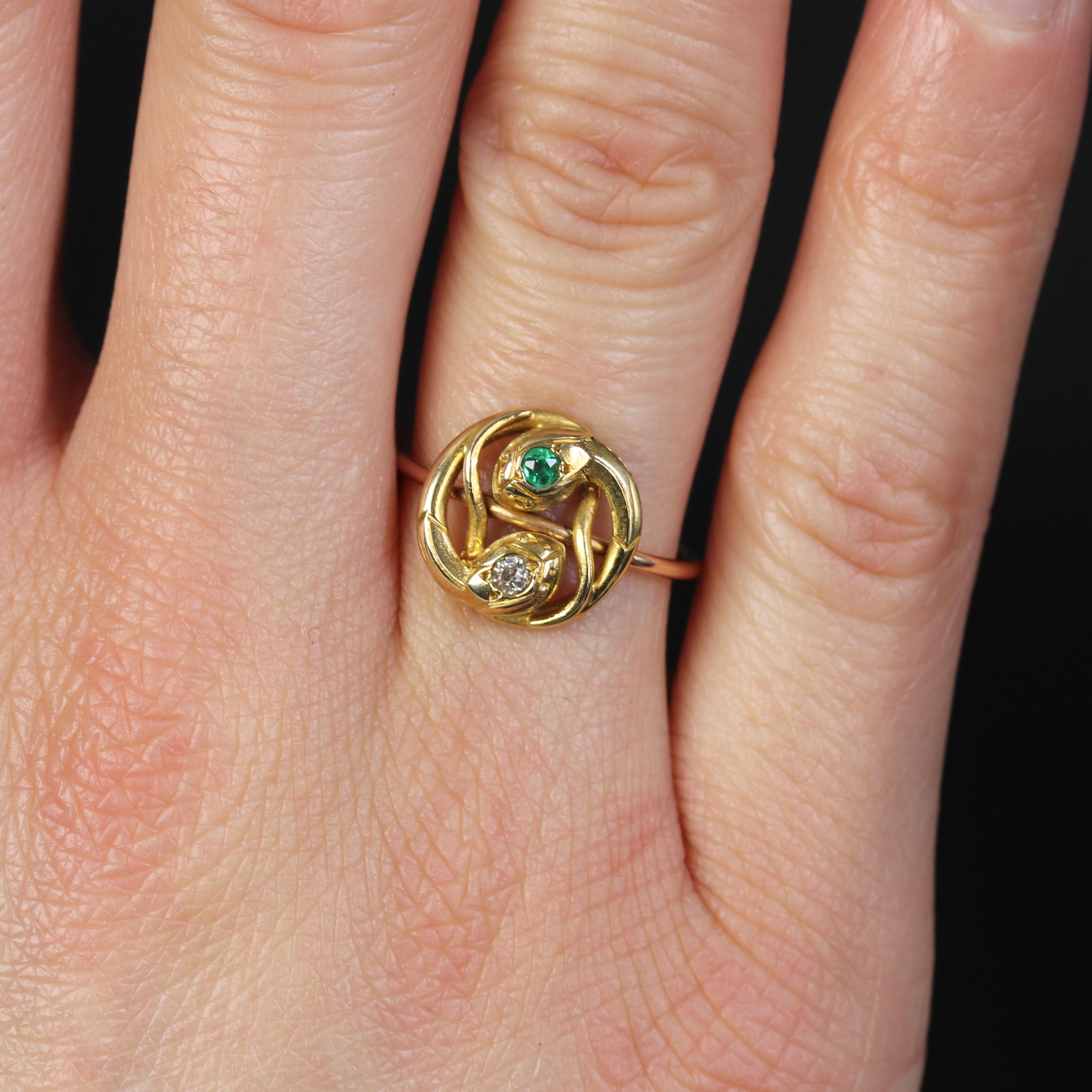 Women's French 19th Century Emerald Diamond 18 Karat Yellow Rose Gold Snake Ring For Sale
