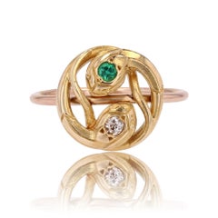 French 19th Century Emerald Diamond 18 Karat Yellow Rose Gold Snake Ring