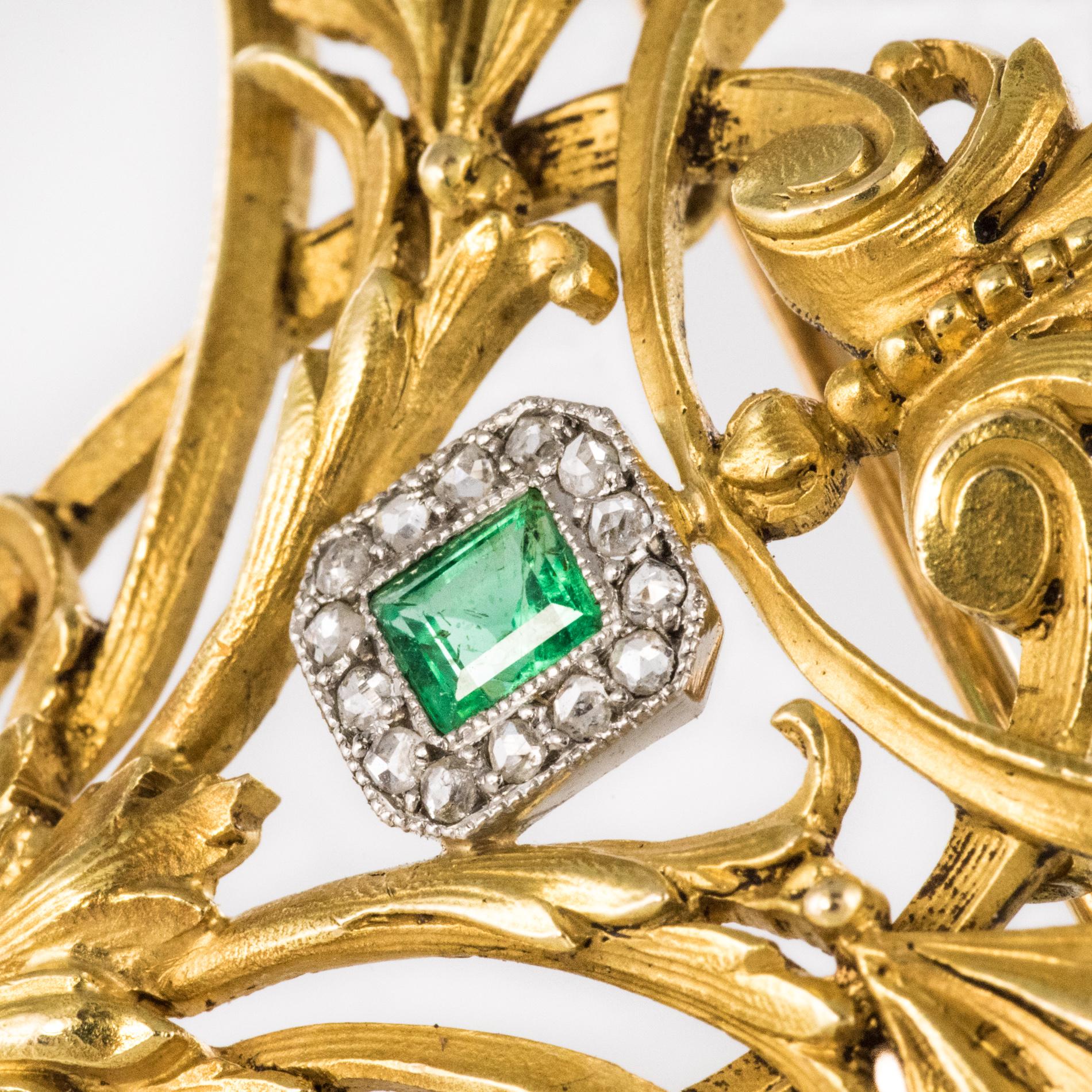 French 19th Century Emerald Diamond 18 Karat Yellow Gold Pendant Brooch 2