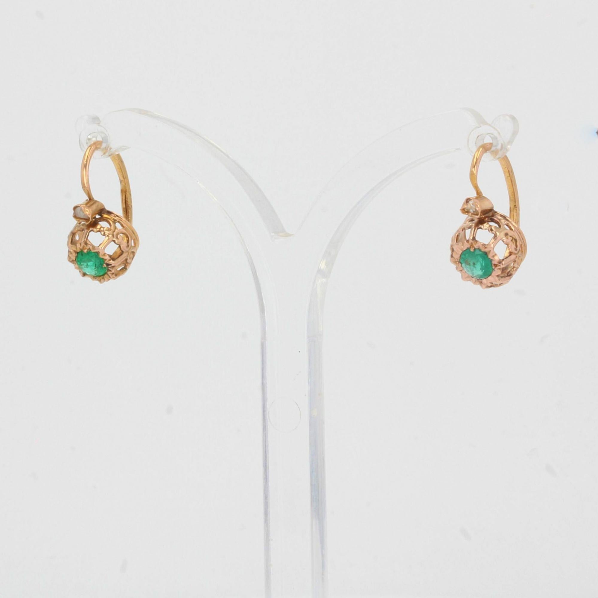 Napoleon III French 19th Century Emerald Diamonds 18 Karat Rose Gold Lever Back Earrings
