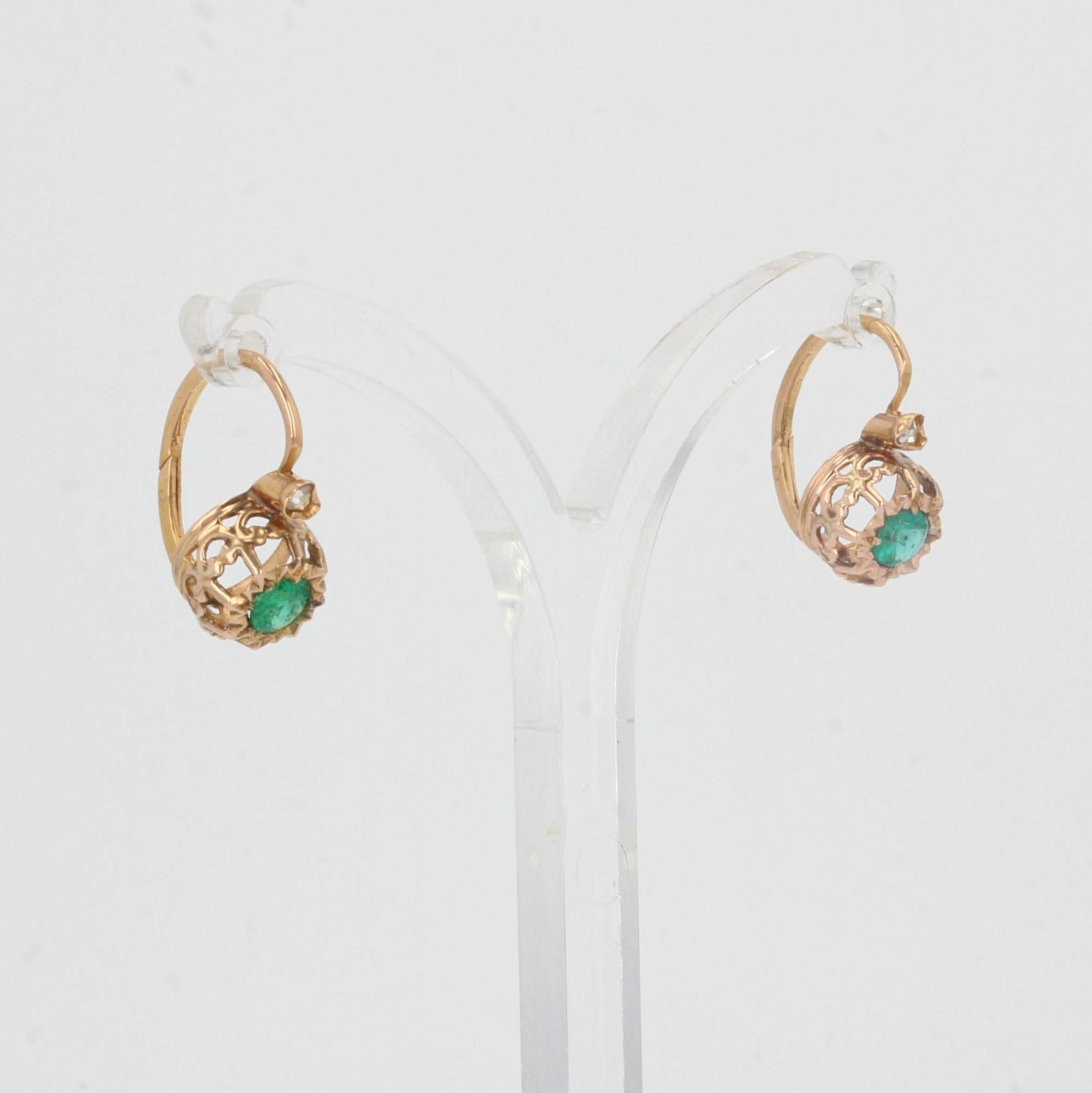 Round Cut French 19th Century Emerald Diamonds 18 Karat Rose Gold Lever Back Earrings
