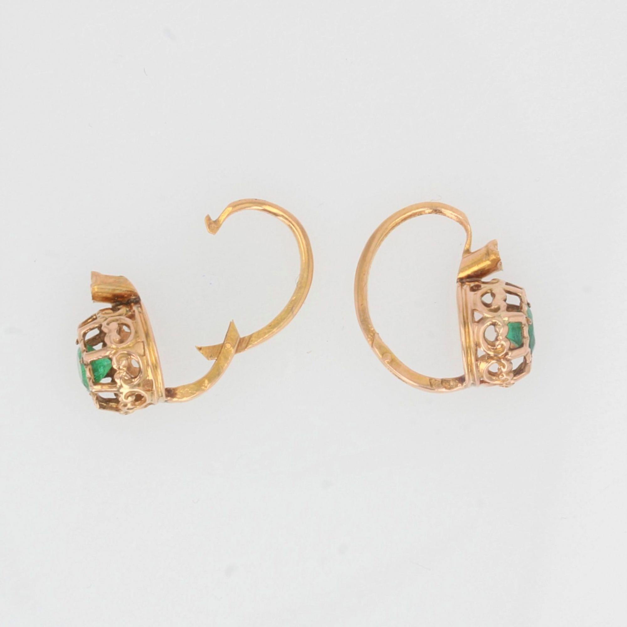 Women's French 19th Century Emerald Diamonds 18 Karat Rose Gold Lever Back Earrings