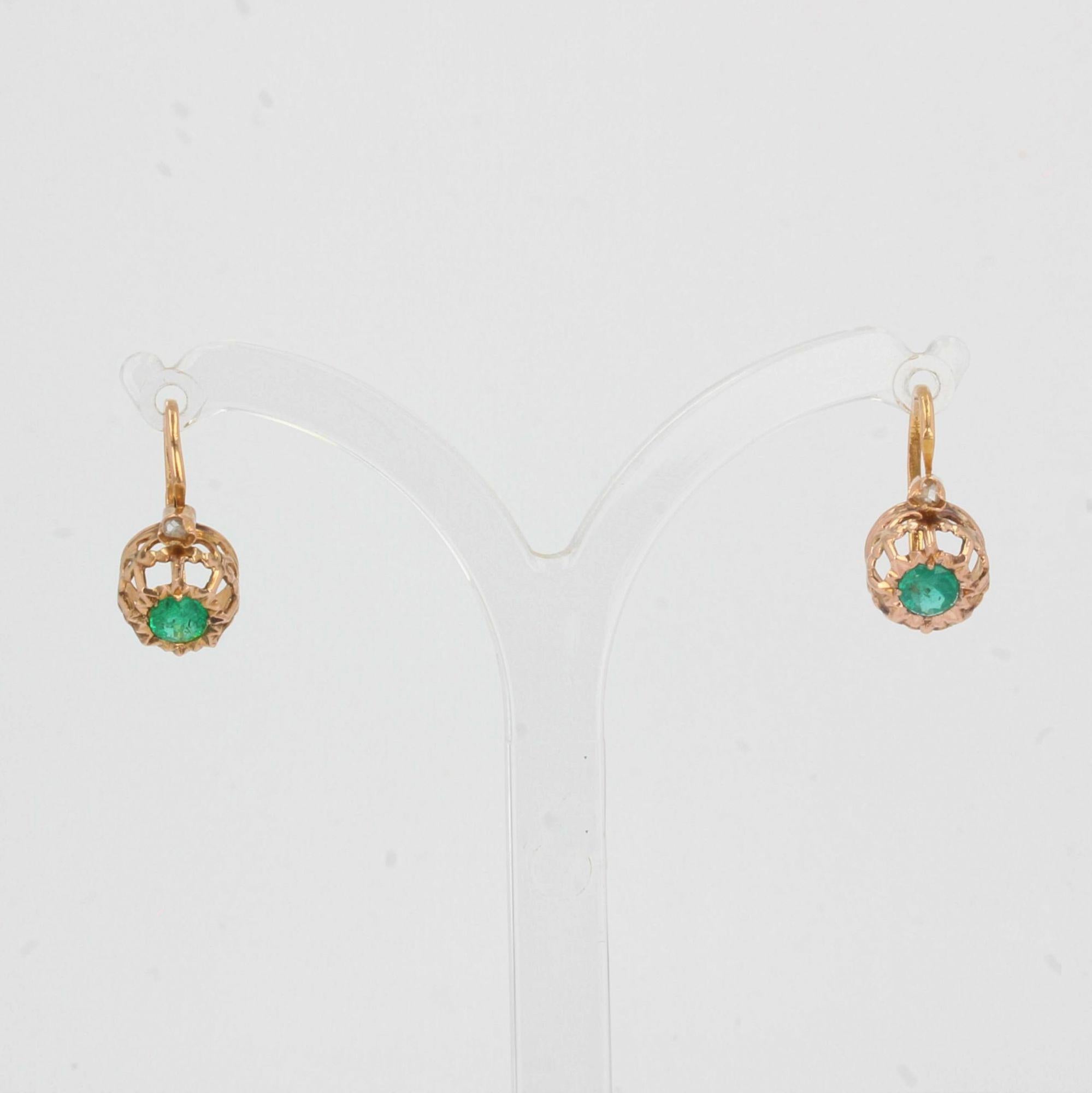 French 19th Century Emerald Diamonds 18 Karat Rose Gold Lever Back Earrings 1