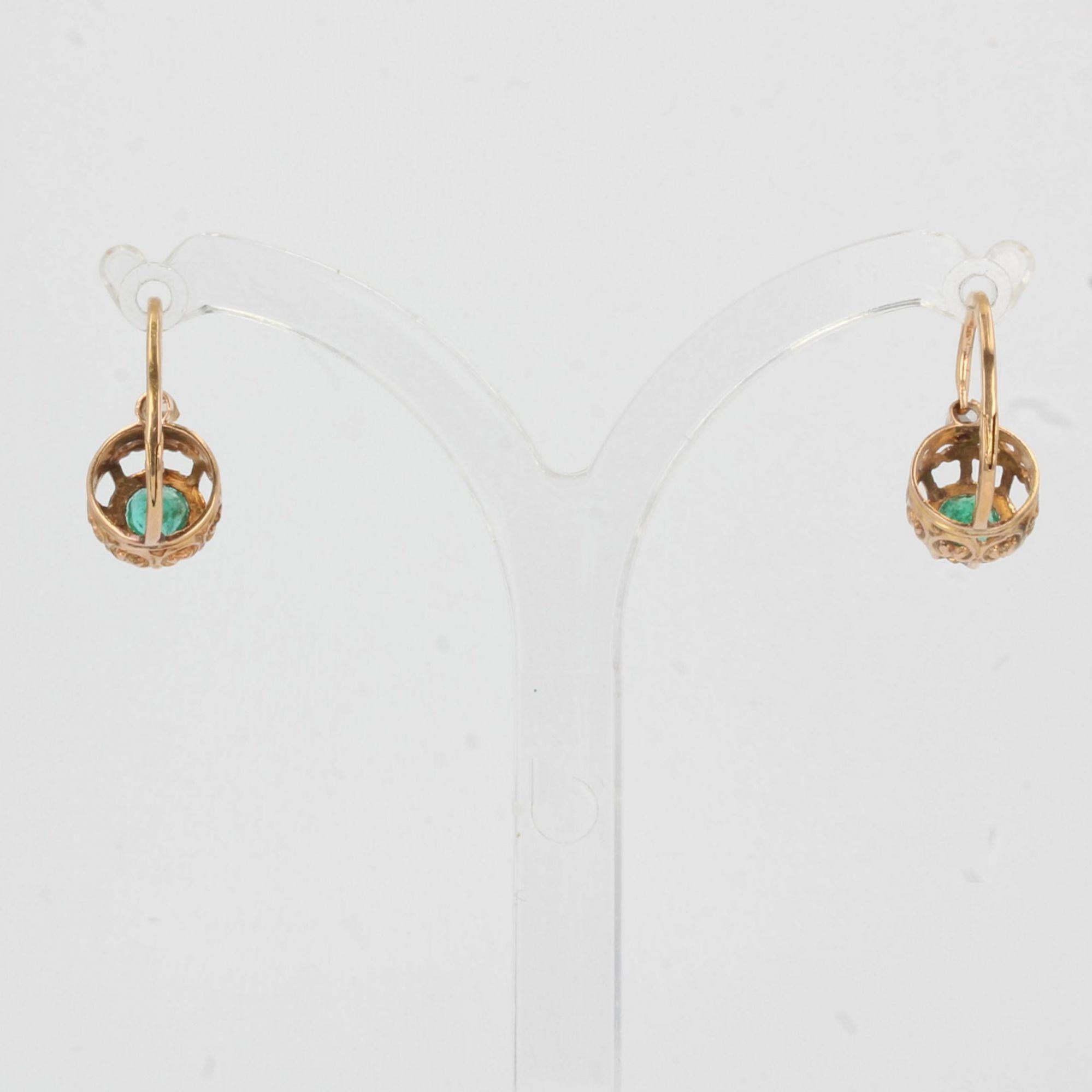 French 19th Century Emerald Diamonds 18 Karat Rose Gold Lever Back Earrings 2