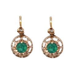 Antique French 19th Century Emerald Diamonds 18 Karat Rose Gold Lever Back Earrings