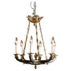 Antique French 19th Century Empire Bronze Chandelier with Torch and Decorative Chain