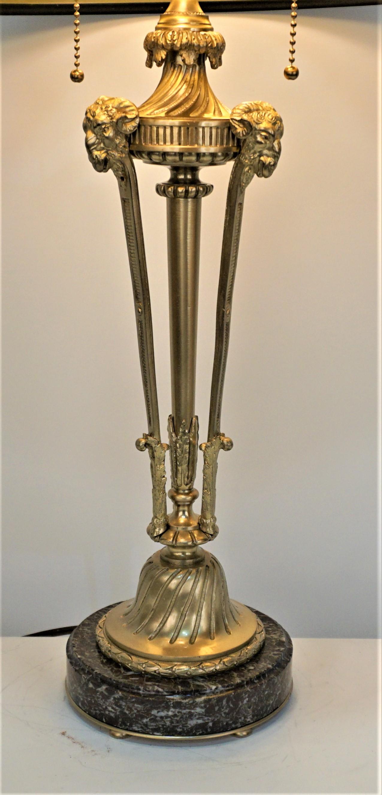 French 19th century Empire double light bronze and marble table lamp.