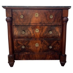 French 19th Century Empire Burl Walnut Marble Top Chest of Drawers