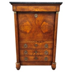 French 19th Century Empire Burl Walnut Marble Top Secretaire