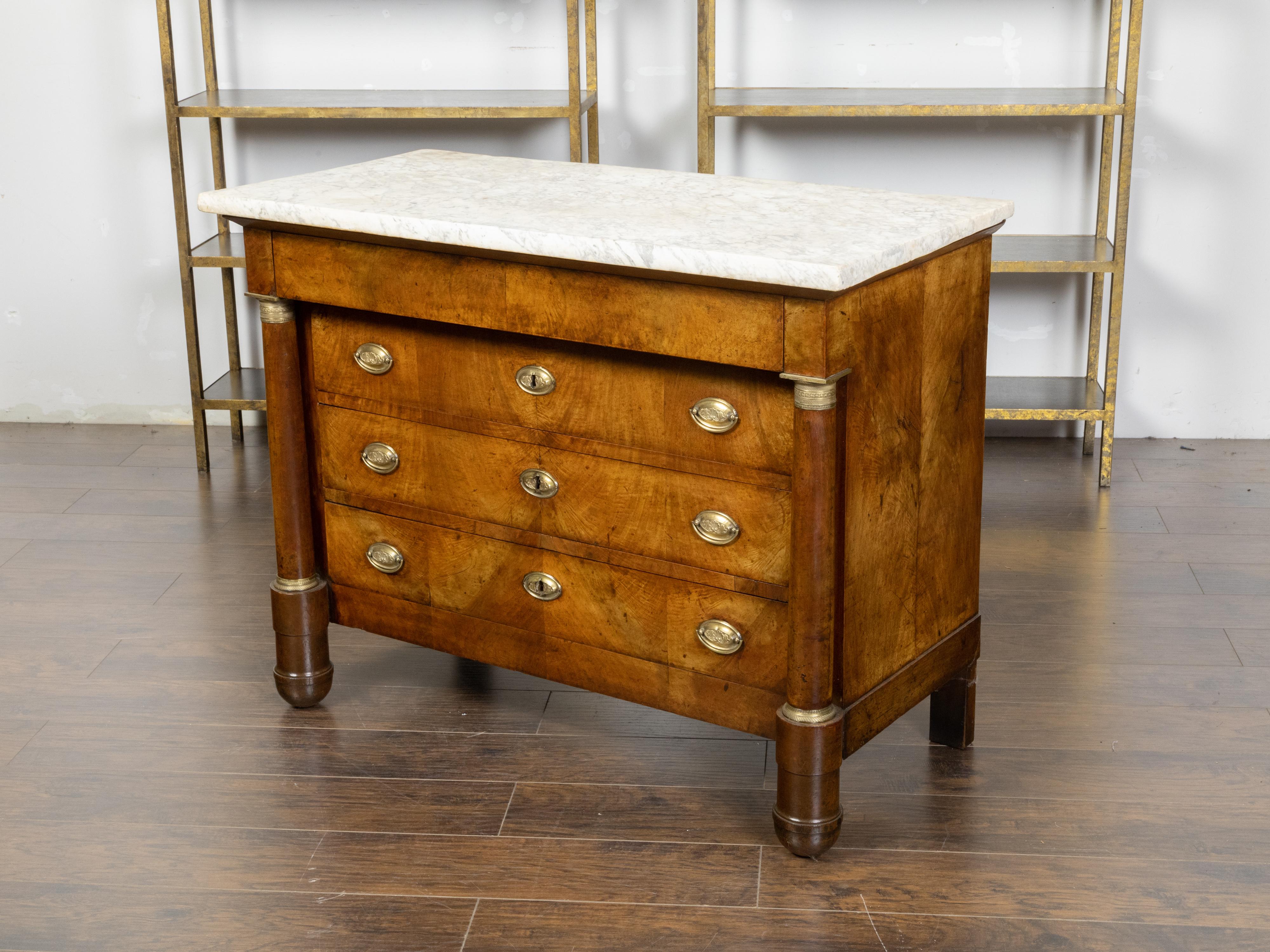 Veneer French 19th Century Empire Commode with Marble Top and Column Shaped Posts For Sale