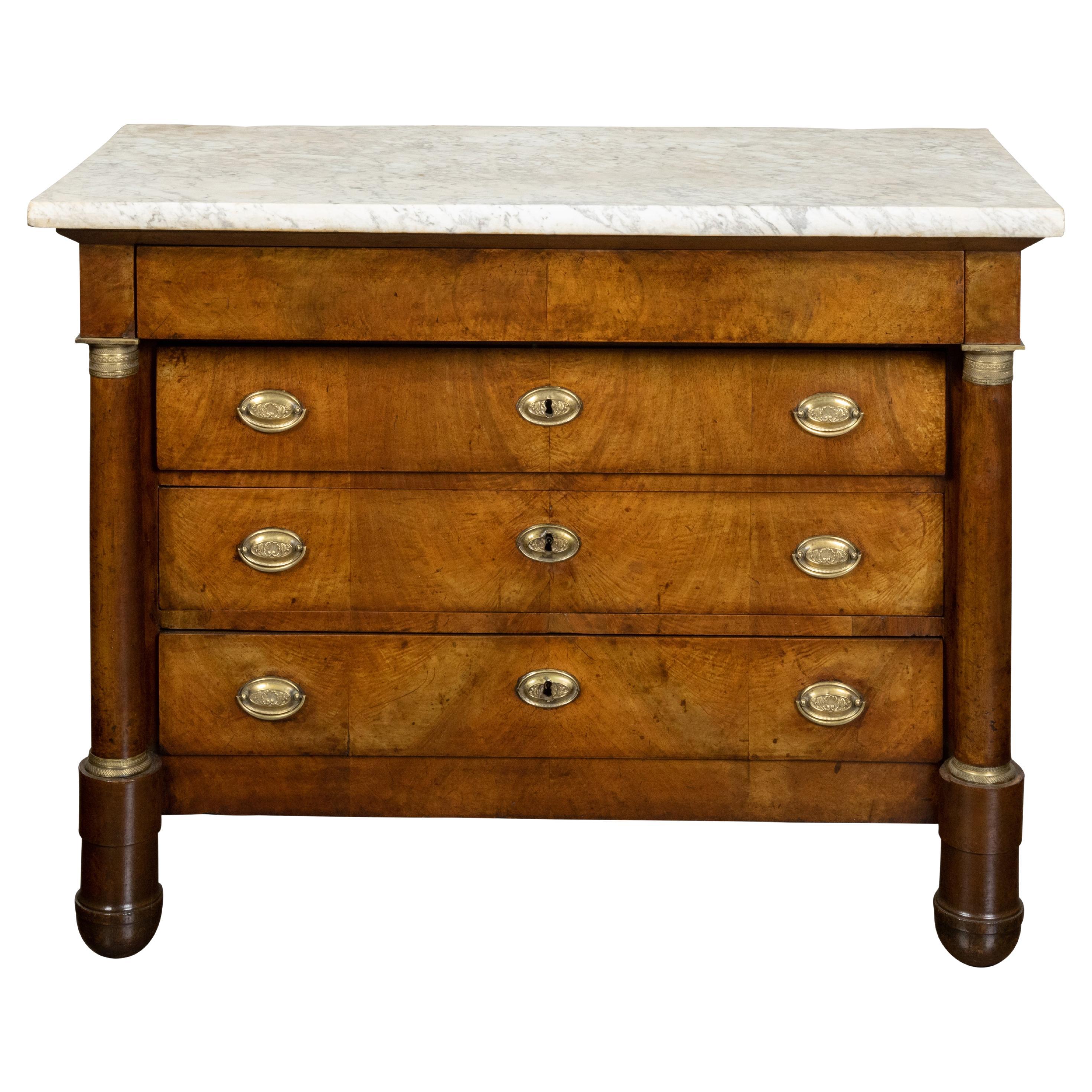 French 19th Century Empire Commode with Marble Top and Column Shaped Posts For Sale