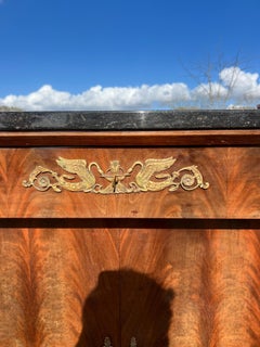 French 19th Century Empire Flame Mahogany Marble Top Sideboard / Buffet