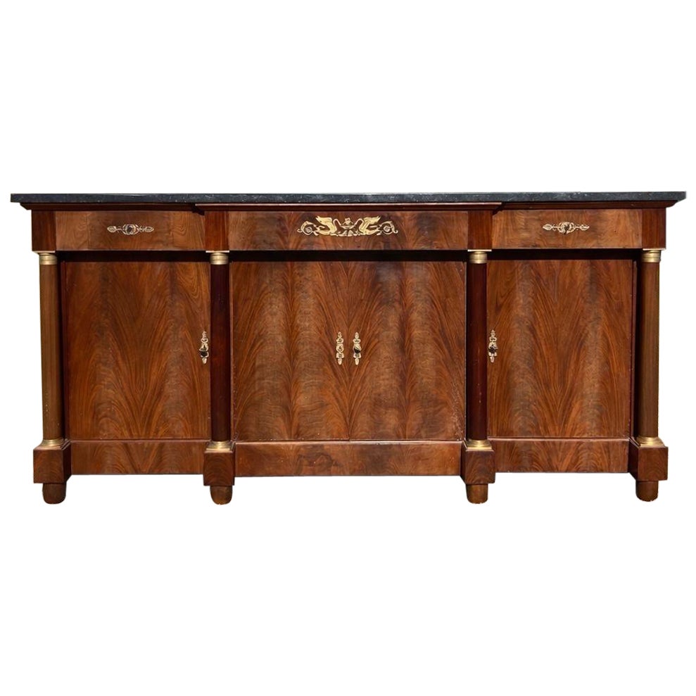 French 19th Century Empire Flame Mahogany Marble Top Sideboard / Buffet