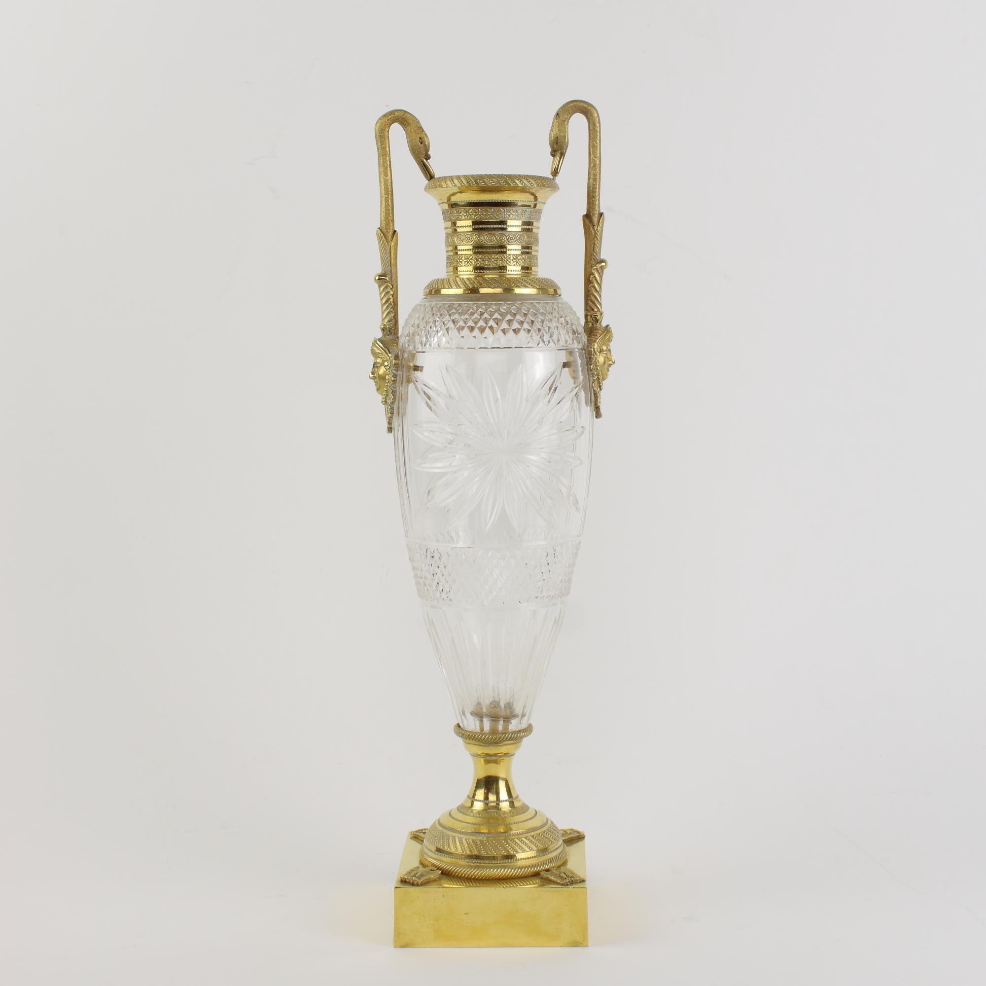 Faceted French 19th Century Empire Gilt Bronze and Cut Crystal Glass Amphora Vase For Sale