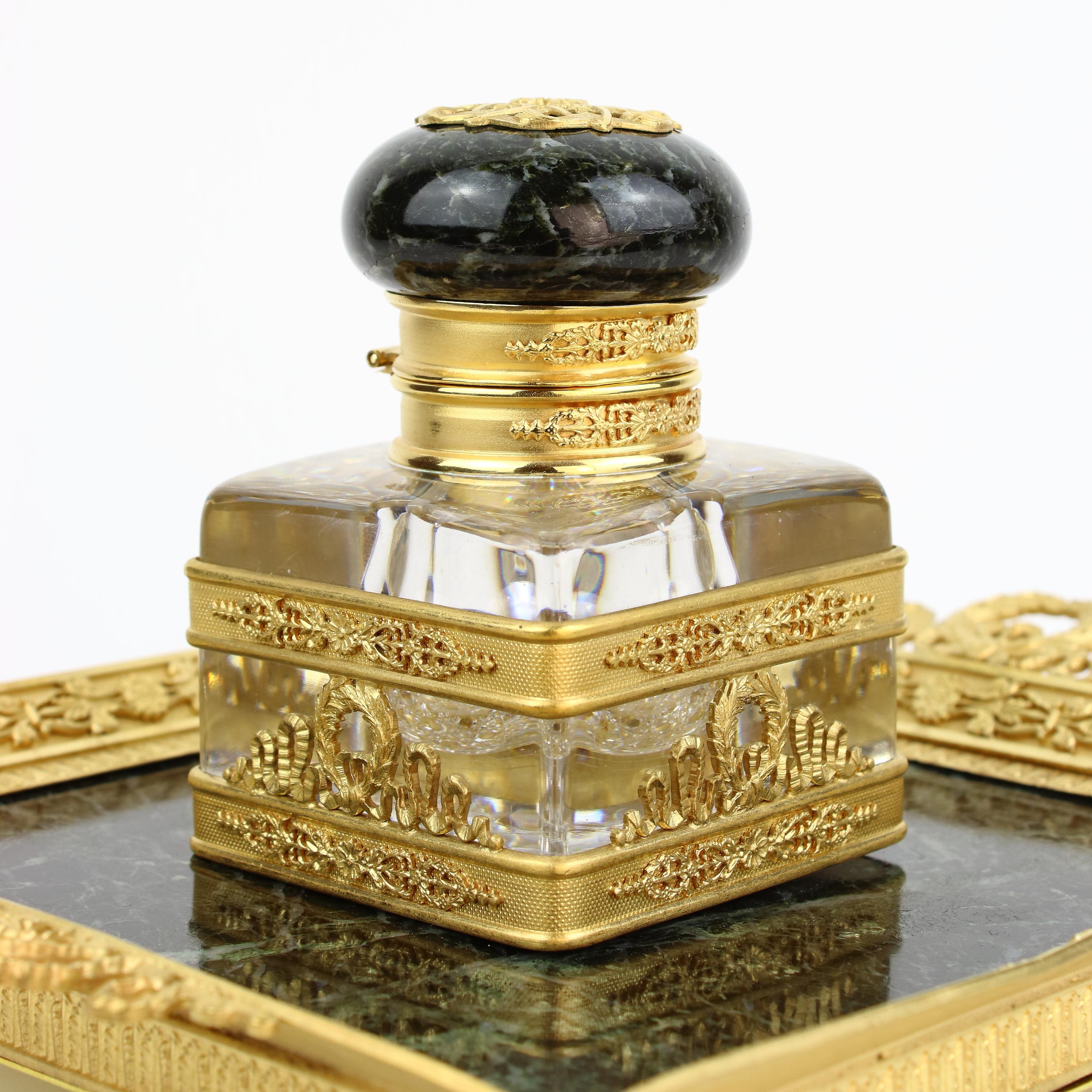 French 19th Century Empire Gilt Bronze Crystal Marble Inkstand Attr. Baccarat 7