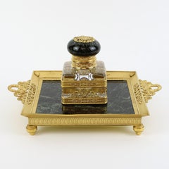 French 19th Century Empire Gilt Bronze Crystal Marble Inkstand Attr. Baccarat