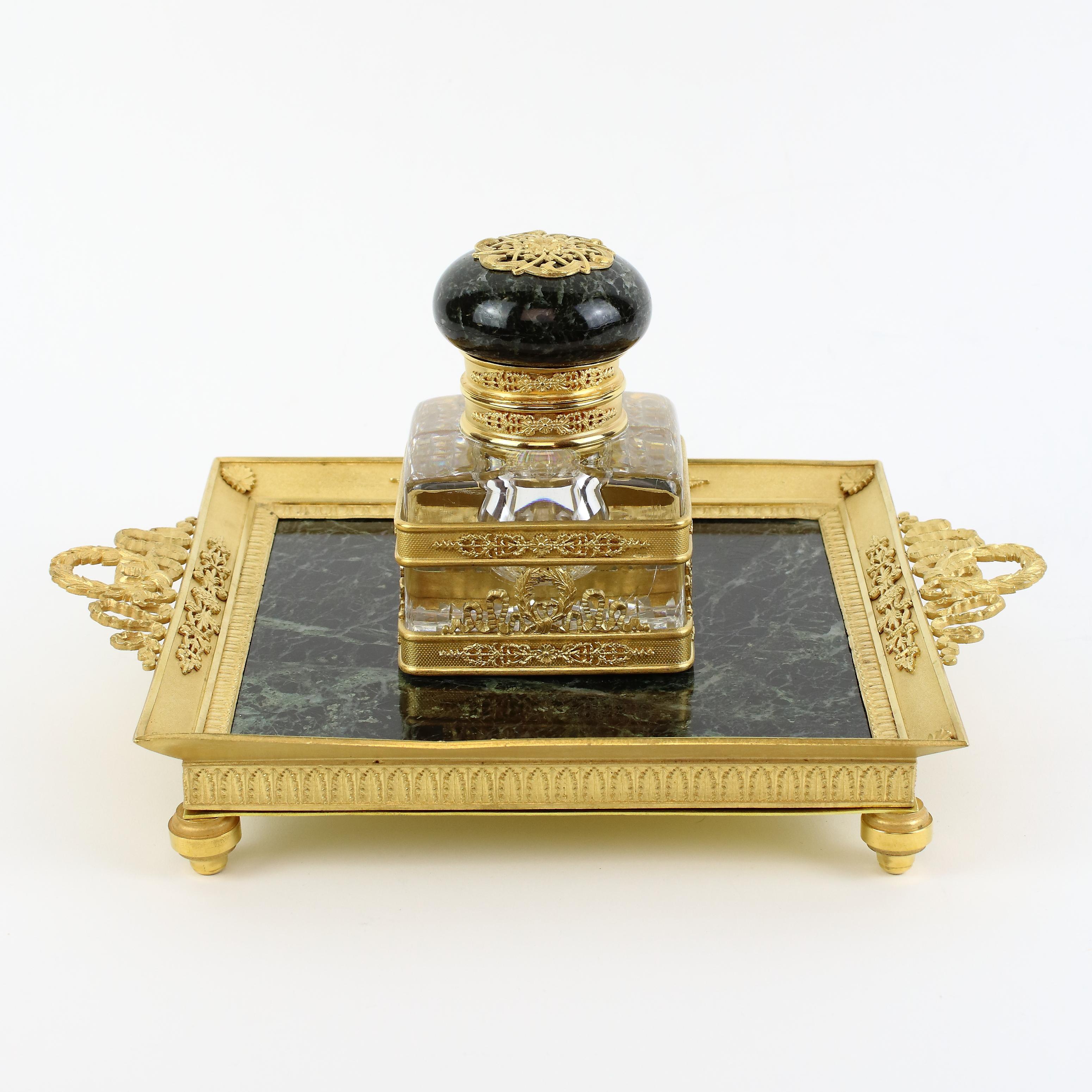 French 19th Century Empire Gilt Bronze Crystal Marble Inkstand Attr. Baccarat In Good Condition In Berlin, DE
