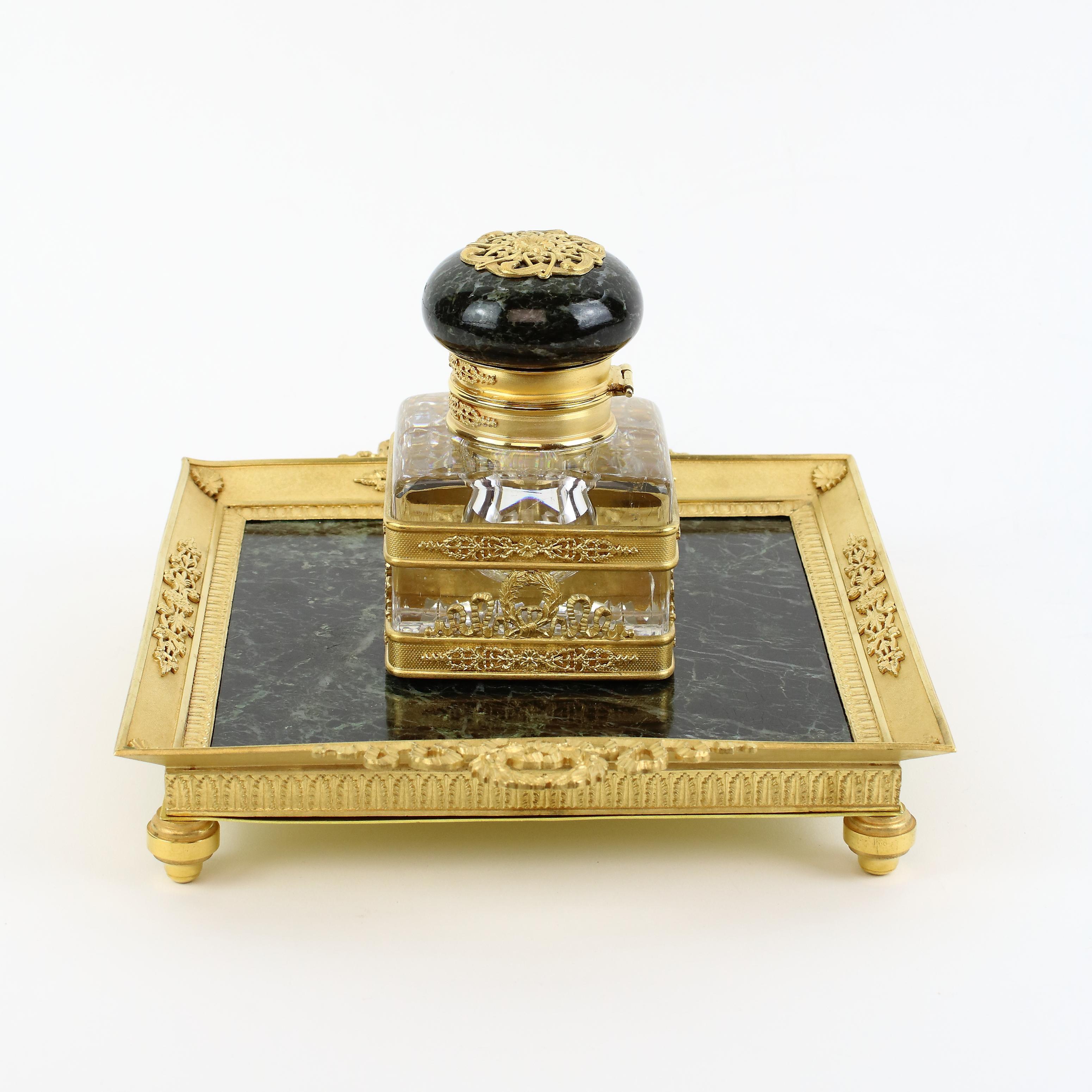 French 19th Century Empire Gilt Bronze Crystal Marble Inkstand Attr. Baccarat 1